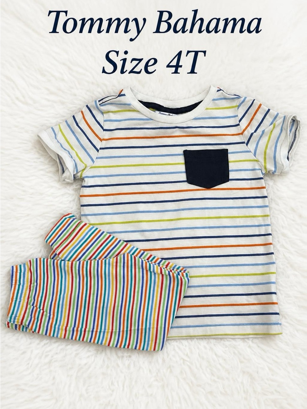 Tommy Bahama White Tee with Navy Pocket and Multi-Color Stripes pant Set